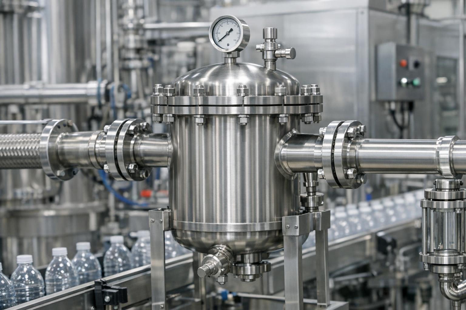 Stalowy filtr przemysłowy zamontowany w linii produkcyjnej