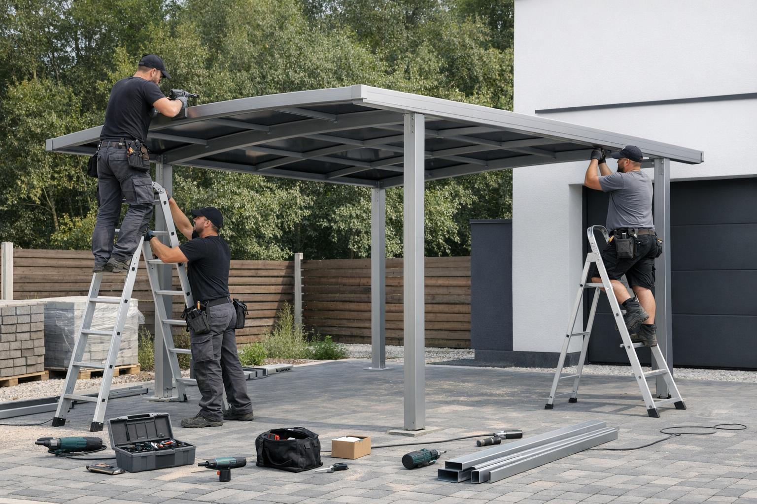 Zdjęcie: montaż aluminiowej wiaty Carport, ekipa przy pracy